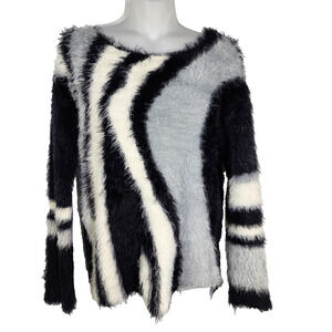 Vince Camuto Sweater XS Abstract Stripe Eyelash Ballet Neck Rich Black Pullover
